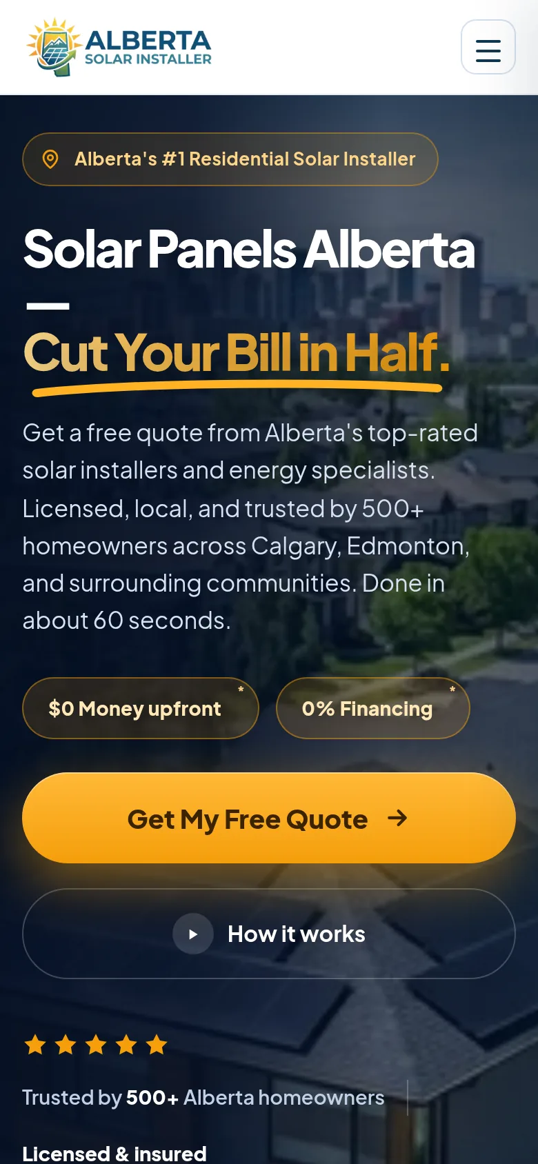 Alberta Solar Installer website on mobile