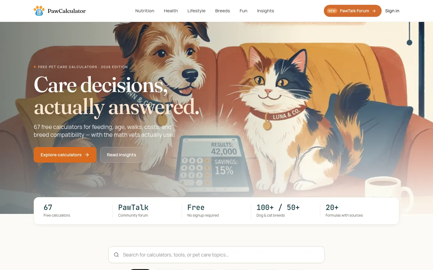 PawCalculator website on desktop